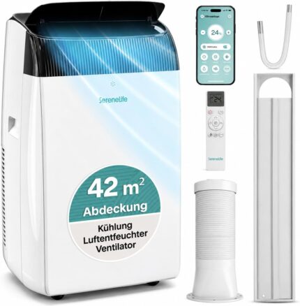 SereneLife Mobile Klimaanlage 16000 BTU (ASHRAE) / 14500 BTU (DOE) – 4,7 kW Klimagerät mit WLAN, Entfeuchter & Lüfter für Räume bis 30 m², leise 42–48 dB