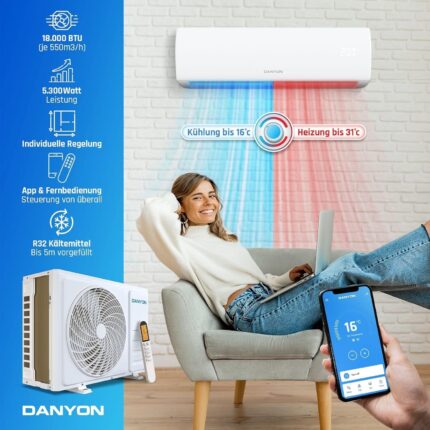 Danyon Multisplit Klimaanlage 2 Innengeräte - 18000 BTU - 5,2 kW, sehr leise & energiesparend, Smart Home, Inverter Klimagerät mit Heizfunktion, WiFi und App, Splitgerät vorgefüllt