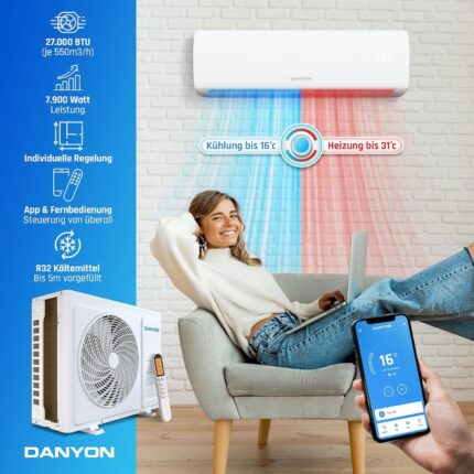 Danyon Multisplit Klimaanlage 3 Innengeräte - 27000 BTU - 7,9 kW - Inverter Klimagerät mit Heizfunktion, WiFi und Smart-Home - sehr leise & energiesparend, Splitgerät vorgefüllt
