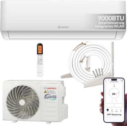 HANTECH H-PRO Split Klimaanlage 9000 BTU für Räume bis 35 m² als Komplettset mit Kupferleitungen - Luft-Luft-Wärmepumpen Technologie - Smart Home kompatibel, WiFi - Heizen, Kühlen, Entfeuchten