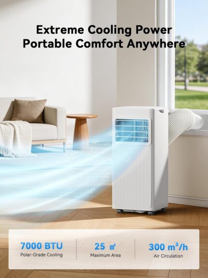 7000 BTU Mobile Klimaanlage 4-in-1, Ventilator und Luftentfeuchter, 19 l, leise mit 24-Stunden-Timer – Abluft- und Dichtungsset für Fenster – bis zu 25 m²(weiß)