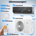 KESSER® Multisplit Klimaanlage 3 Innengeräte, 27000 BTU, Split Klimagerät Set mit WiFi/App, Heizen & Kühlen, Inverter, Eco-Modus, Luftentfeuchter & Ventilator, sehr leise, R32, Montagematerial