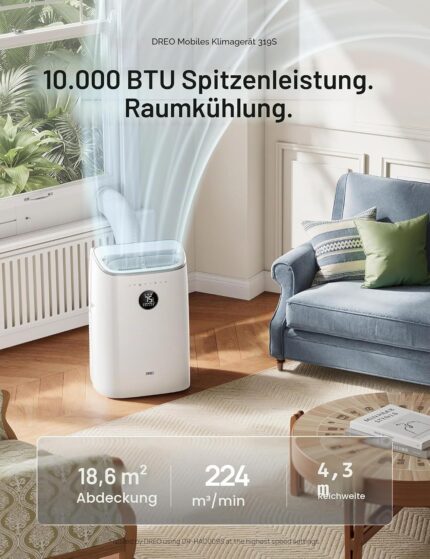 DREO 8000 BTU Mobiles Klimagerät (3-in-1 Kühlen/Ventilieren/Entfeuchten), leise für Schlafzimmer/Büro, Steuerung per App/Sprachbefehl/Fernbedienung, drainagefrei, Fenster-Set, 2,5 L/h, AC319S