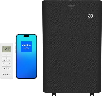 MEDION Smarte Mobile Klimaanlage mit Abluftschlauch P1202 (12000 BTU, mobil, inkl. Fensterabdichtung, bis 42m², 3in1 Kühlen Entfeuchten Ventilieren, App- und Sprachsteuerung, Schlafmodus
