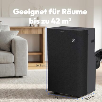 MEDION Smarte Mobile Klimaanlage mit Abluftschlauch P1202 (12000 BTU, mobil, inkl. Fensterabdichtung, bis 42m², 3in1 Kühlen Entfeuchten Ventilieren, App- und Sprachsteuerung, Schlafmodus