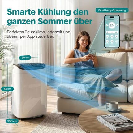 SereneLife Klimaanlage Mobil 7000 BTU – Kleine Klimaanlage für Zimmer bis 20 m² | WiFi | Kühlung, Entfeuchter & Ventilator | 49 dB